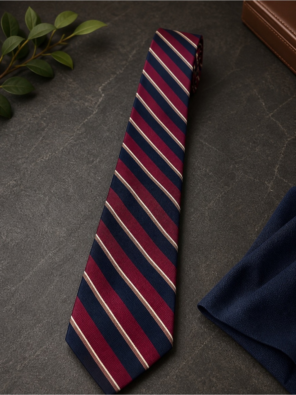 J Riggins Striped Silk Tie Burgundy Navy Gold Classic Italy Style